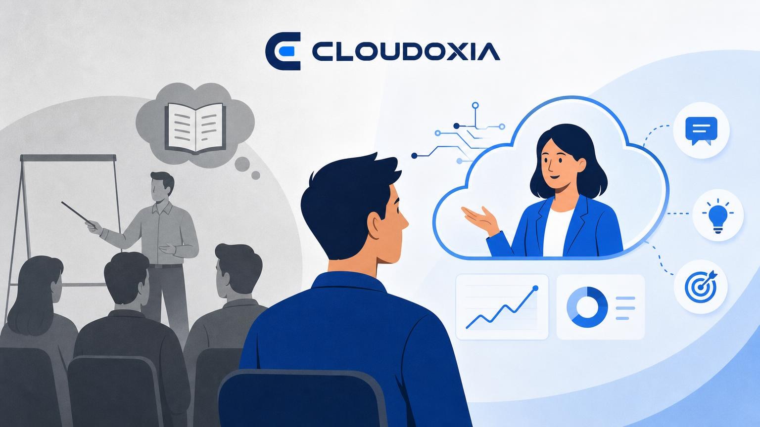 Split illustration comparing a gray traditional classroom lecture to a vibrant blue AI digital coach interacting with a sales representative.
