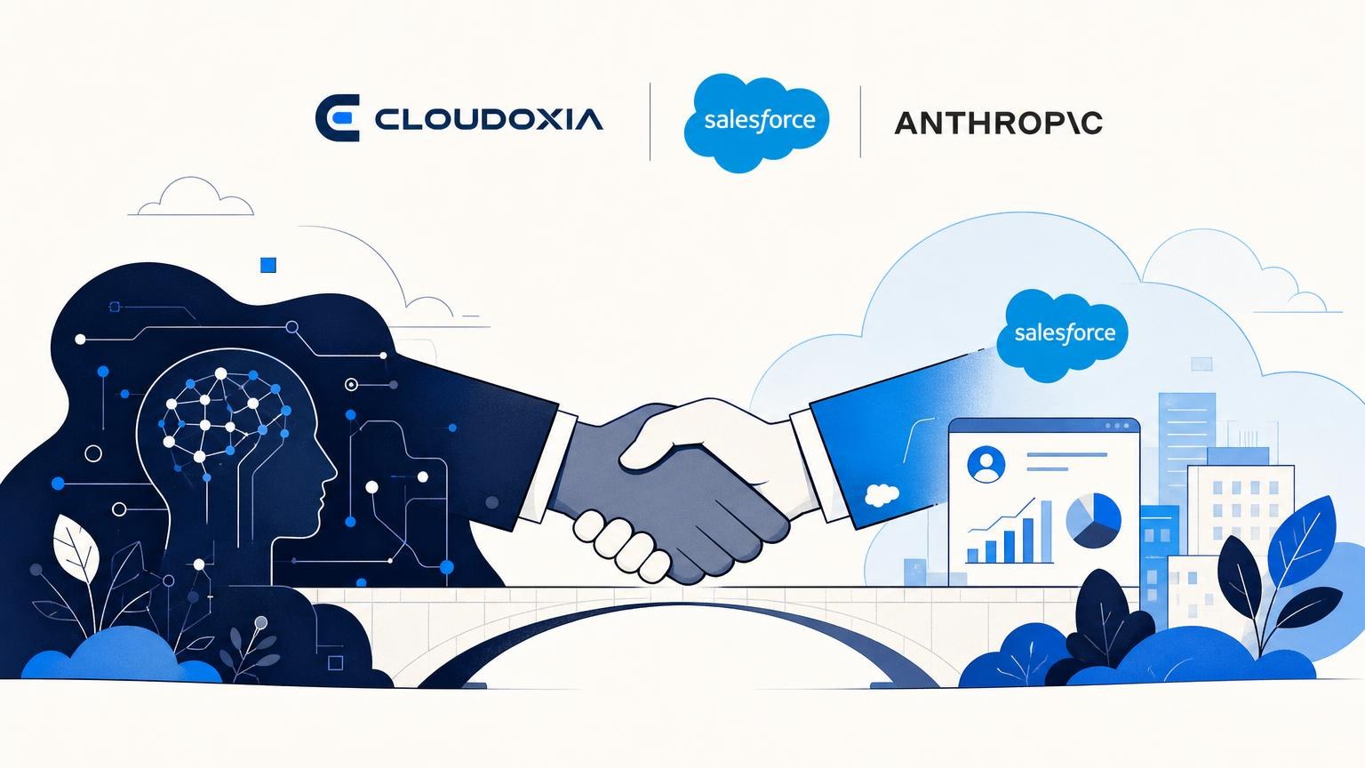 Blue and white illustration of a handshake between a digital AI silhouette and a business professional, featuring Salesforce and Anthropic logos.