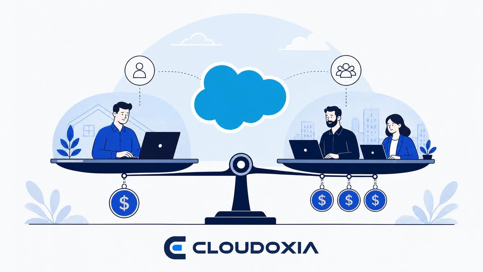 Blue and white illustration of a scale balancing a single worker against a team of two, with dollar signs and a cloud icon above them.