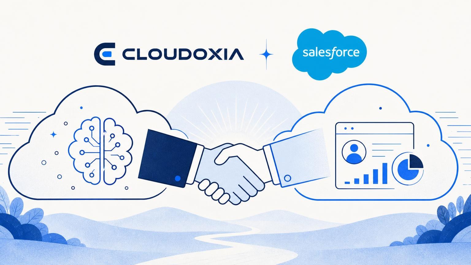 Blue and white illustration of two hands shaking between clouds containing a digital brain and a CRM dashboard, featuring Cloudoxia and Salesforce logos.