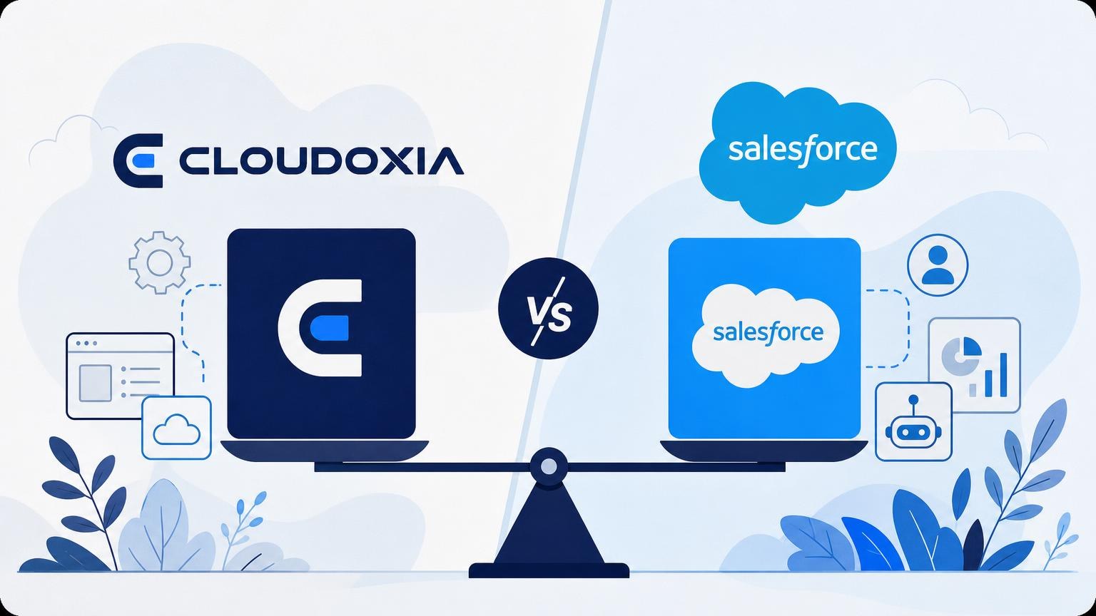 Cloudoxia and Salesforce logos balanced on a scale, separated by a "vs" icon in a blue and white flat vector illustration.